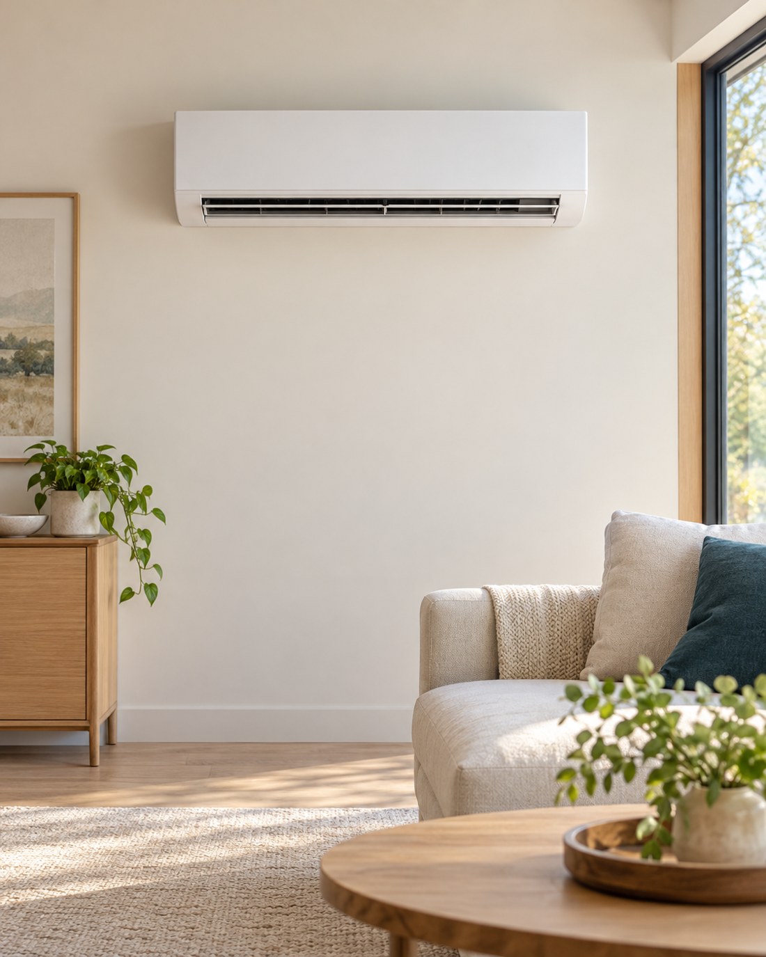 Climatiseur mural dans un salon lumineux et confortable